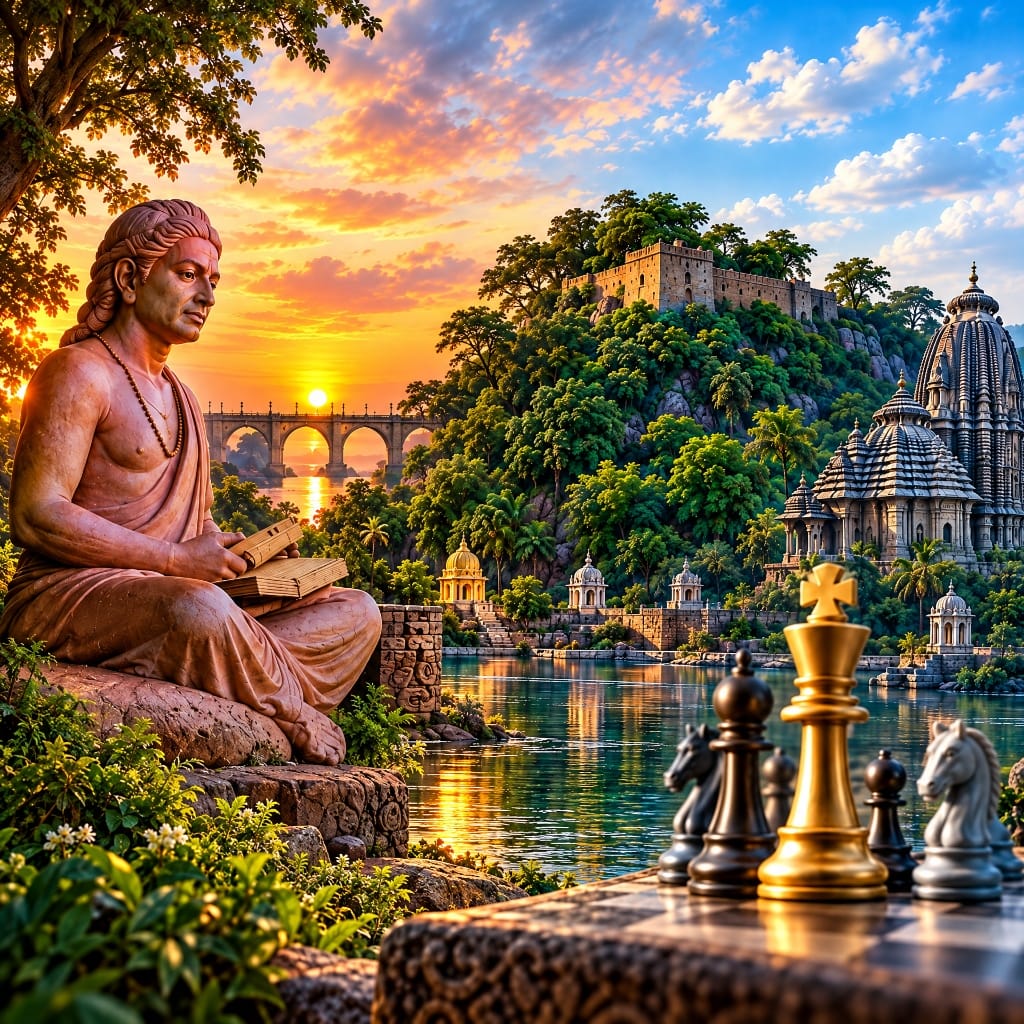 Statue of the poet-saint Bhima Bhoi beside a river at sunset, with a temple and chess pieces in the foreground