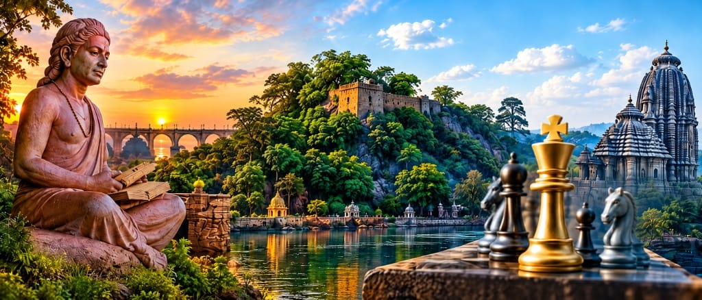 Panorama of a river, forested hill fort and temple at sunset